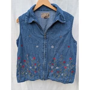 Vintage Tantrum Blues Full Zip Floral Embroidered Denim Vest Sz 1X Retro Grandma